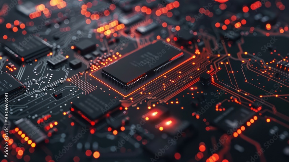 Close-up of a Circuit Board with Glowing Red Lines and Components Close-up of a Circuit Board with Glowing Red Lines and Components