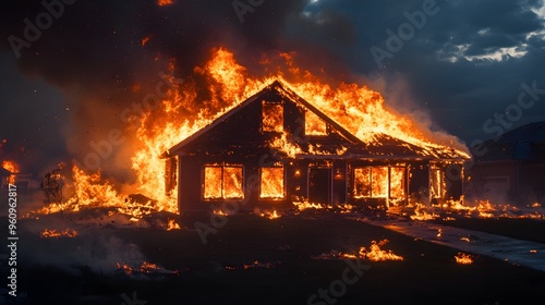 House engulfed in flames at night, roof partially collapsed, fiery debris flying through the air, dark sky contrasting with the bright inferno, emergency scene