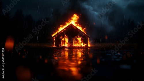 House fire at night in heavy rain, steam rising where water touches the flames, dark surroundings with firelight reflections, realistic, high-detail, insurance claim illustration photo