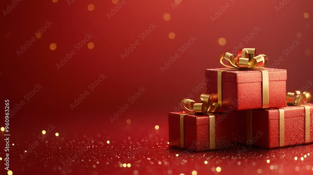 Gold Christmas gift boxes collection, on a red background, banner for website. Gold Christmas gift boxes collection, on a red background, banner for website.
