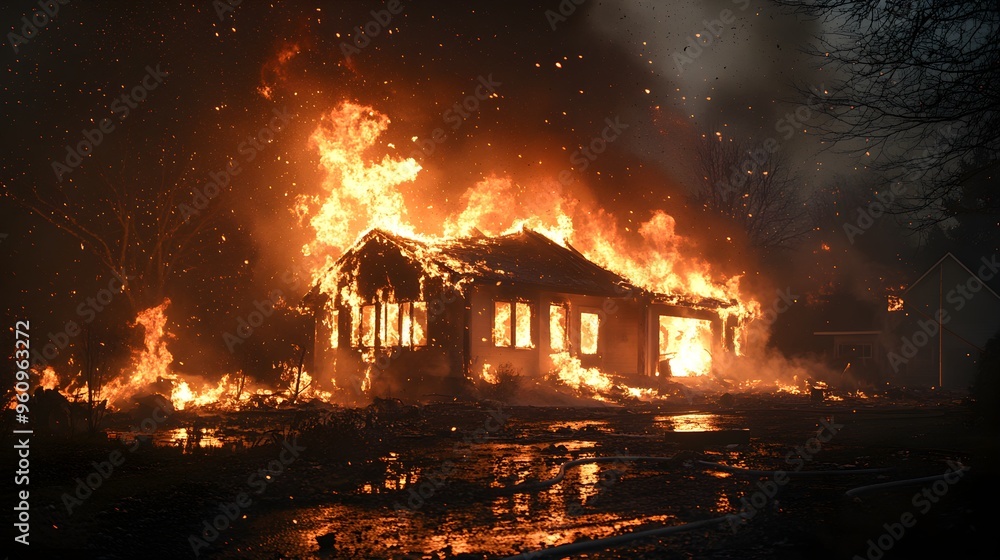 Intense house fire at night with a collapsing roof, sparks and debris filling the air, fire illuminating the surroundings in a dramatic, destructive scene Intense house fire at night with a collapsing roof, sparks and debris filling the air, fire illuminating the surroundings in a dramatic, destructive scene