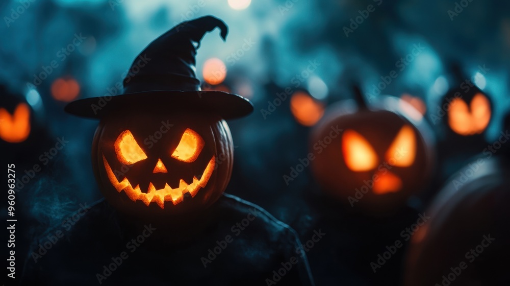 Naklejka premium Spooky Halloween scene with glowing jack-o'-lanterns and a dark atmospheric background, perfect for seasonal decorations.