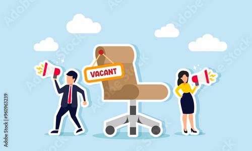 A businessman and businesswoman promoting recruitment at their company with a megaphone, illustration of Method for recruiting new employees to fill vacant or strategic positions
