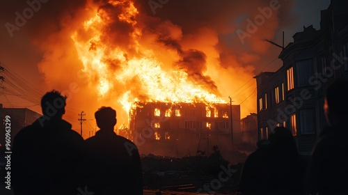 Intense house fire in a crowded urban area, neighbors watching from a safe distance, bright flames against a dark sky, a tragic and powerful moment