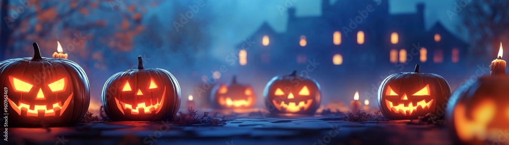 Spooky Halloween scene with glowing jack-o'-lanterns, eerie atmosphere, and a haunted house in the background. Spooky Halloween scene with glowing jack-o'-lanterns, eerie atmosphere, and a haunted house in the background.