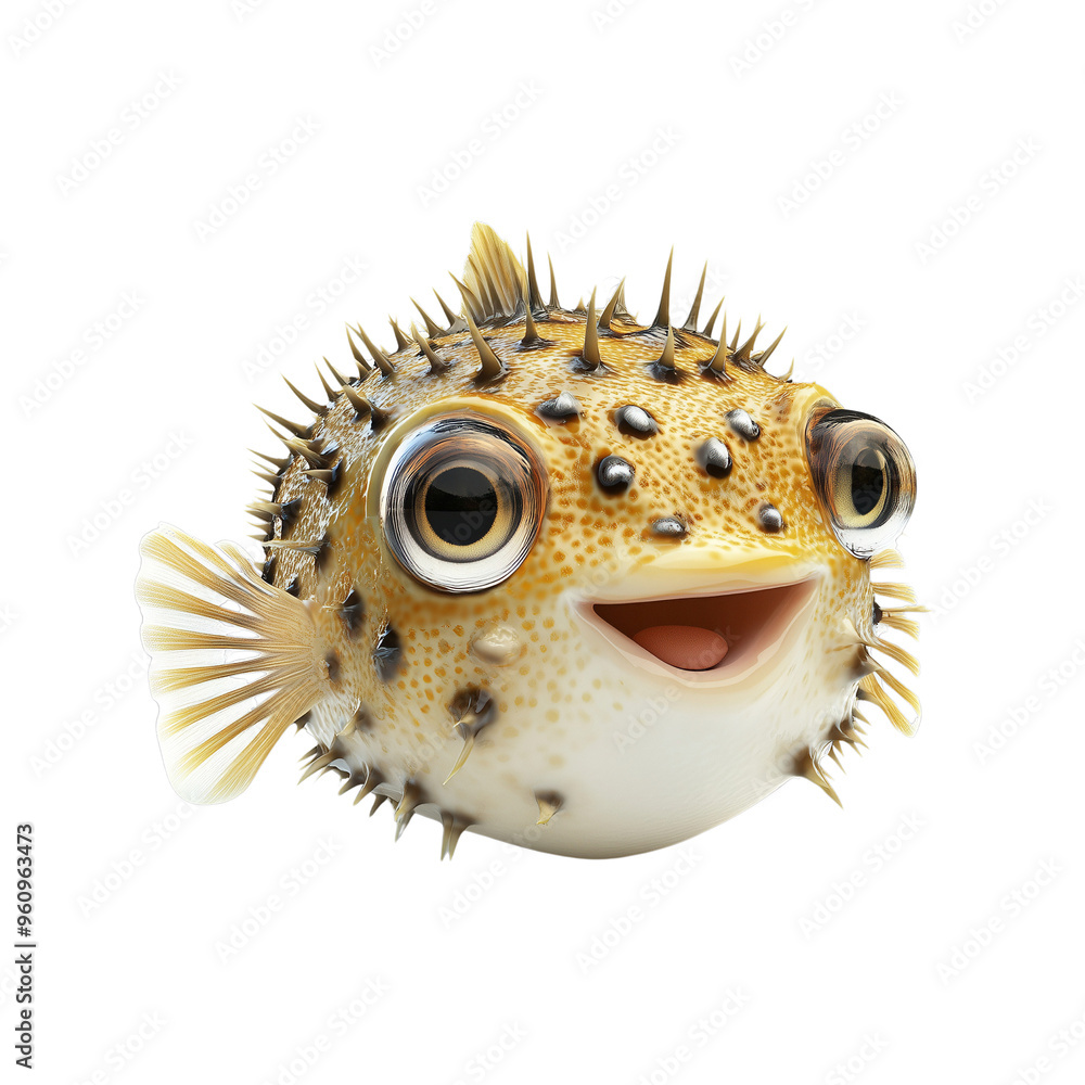 Happy Pufferfish Swimming in a Bright Underwater Environment Happy Pufferfish Swimming in a Bright Underwater Environment