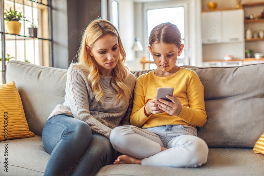 Mom and daughter relaxing on sofa with smartphone Mom and daughter relaxing on sofa with smartphone