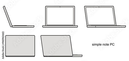 色々な角度の、シンプルなノートパソコンのイラスト