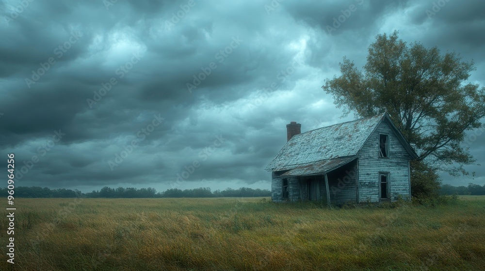An abandoned farmhouse under a cloudy, overcast sky, eerie and lonely atmosphere An abandoned farmhouse under a cloudy, overcast sky, eerie and lonely atmosphere