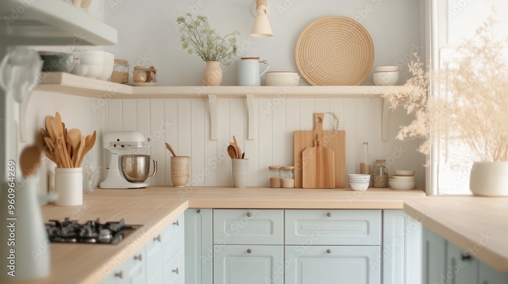 Fototapeta premium A kitchen with a natural material palette and gentle colors influenced by Scandinavian design.