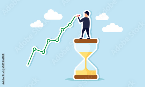 A businessman standing on an hourglass is drawing an upward trending graph, illustration concept of The correlation between business growth and development over time with consistent effort