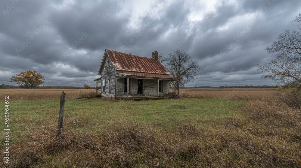 Fototapeta premium An abandoned farmhouse under a cloudy, overcast sky, eerie and lonely atmosphere