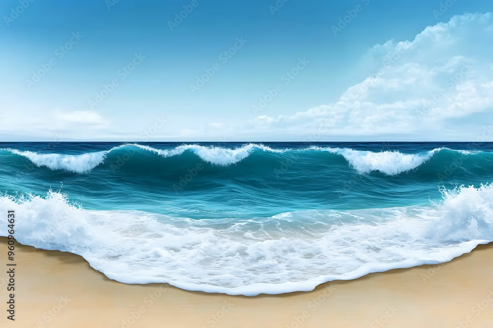 Fototapeta premium Tranquil Seaside Serenity - Soft Pastel Digital Painting of Waves Washing Ashore in Isometric View with Clear Light and Sharp Focus