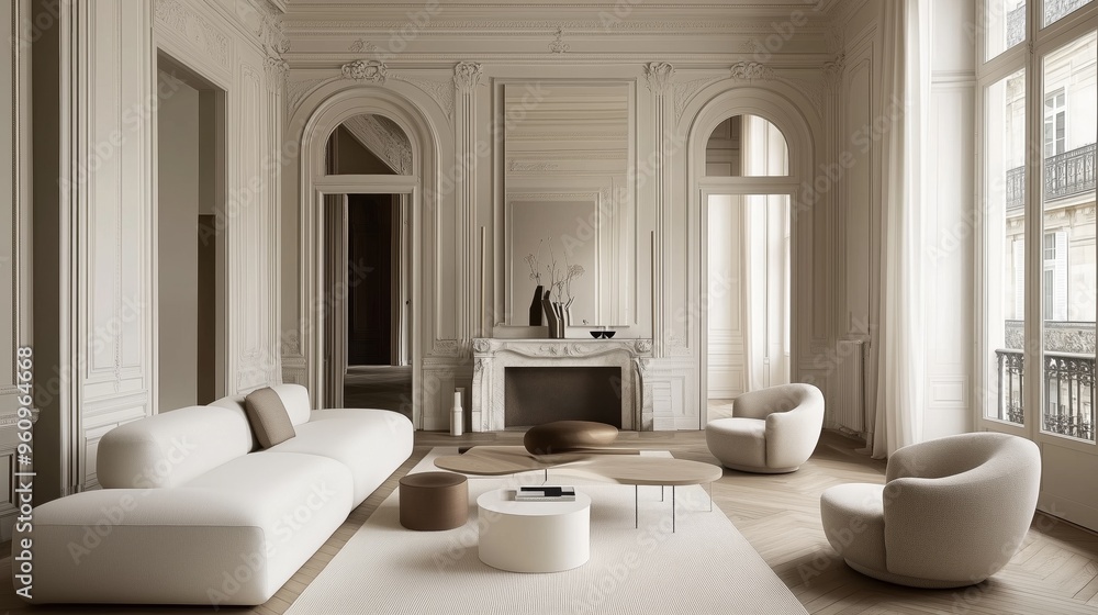 Parisian-style living room with elegant molding, giving it a bright and inviting atmosphere. Parisian-style living room with elegant molding, giving it a bright and inviting atmosphere.
