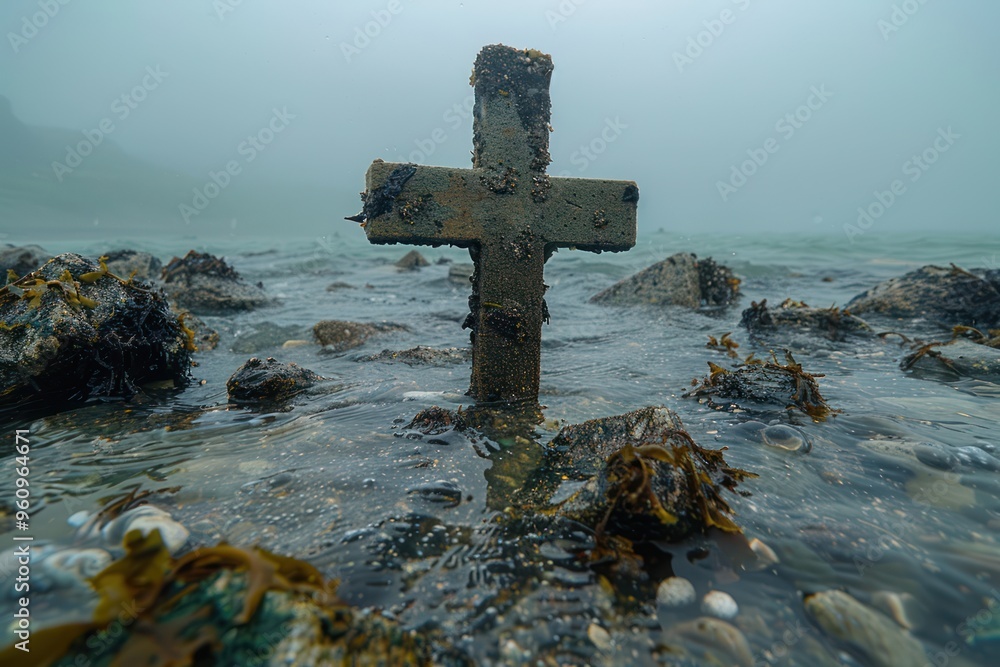 Submerged Christian Cross in Rippling Waters Submerged Christian Cross in Rippling Waters