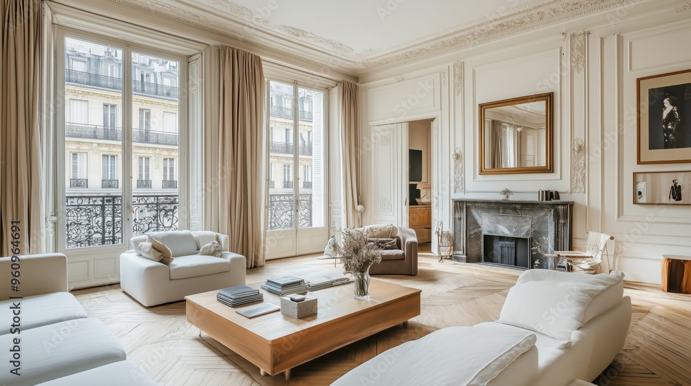 Parisian-style living room with elegant molding, giving it a bright and inviting atmosphere. Parisian-style living room with elegant molding, giving it a bright and inviting atmosphere.