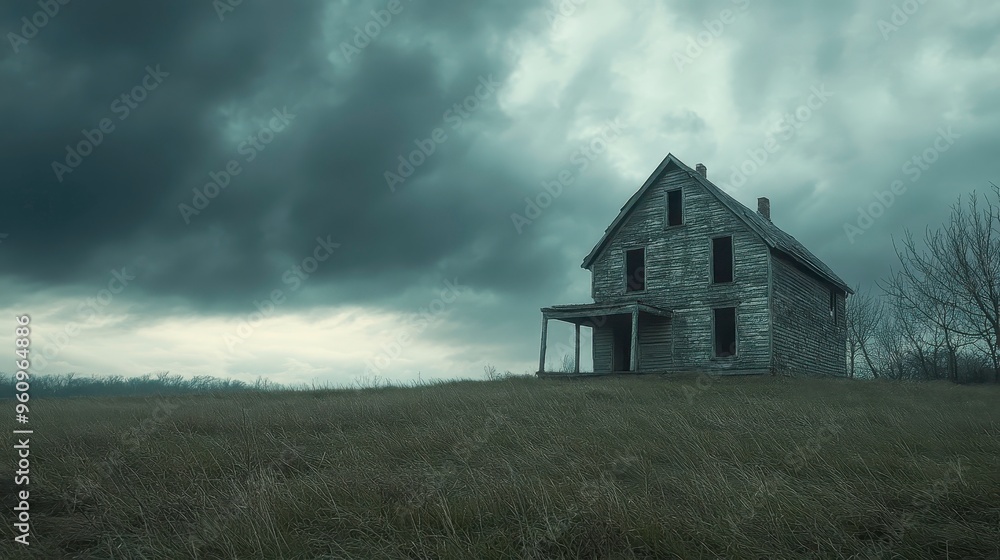 An abandoned farmhouse under a cloudy, overcast sky, eerie and lonely atmosphere An abandoned farmhouse under a cloudy, overcast sky, eerie and lonely atmosphere