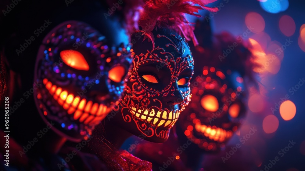 Naklejka premium Vibrant close-up of skull masks glowing in colorful light, perfect for Halloween or festival themes showcasing tradition and celebration.