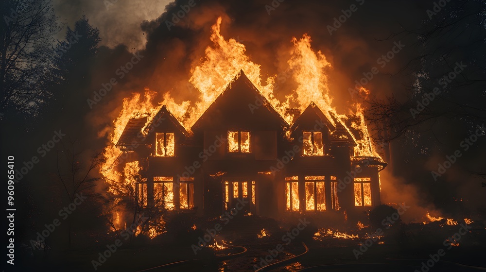 Dramatic night fire, house ablaze, flames licking through windows and roof, smoke billowing into the night sky, insurance documentation focus Dramatic night fire, house ablaze, flames licking through windows and roof, smoke billowing into the night sky, insurance documentation focus