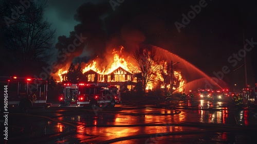 Dramatic night fire scene, a large house consumed by flames, thick black smoke rising high, sparks flying, fire trucks approaching in the distance