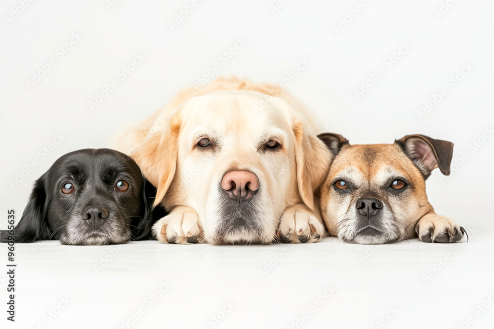 Three dogs are laying on a white background Three dogs are laying on a white background