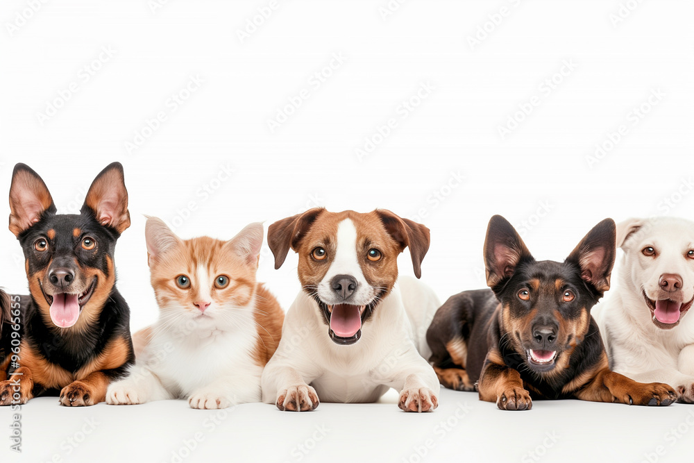 A group of dogs and cats are laying down next to each other A group of dogs and cats are laying down next to each other