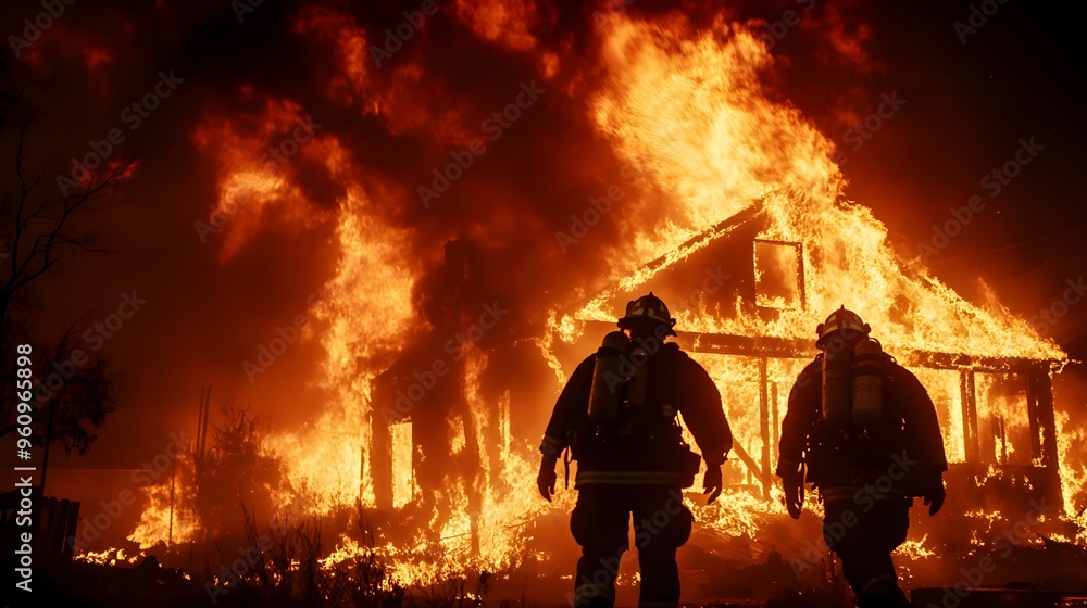 Fototapeta premium Firefighters combating fierce fires in a suburban neighborhood at night, detailed flames and smoke, dramatic low-angle view, hyper-realistic, dark tones, focused on destruction