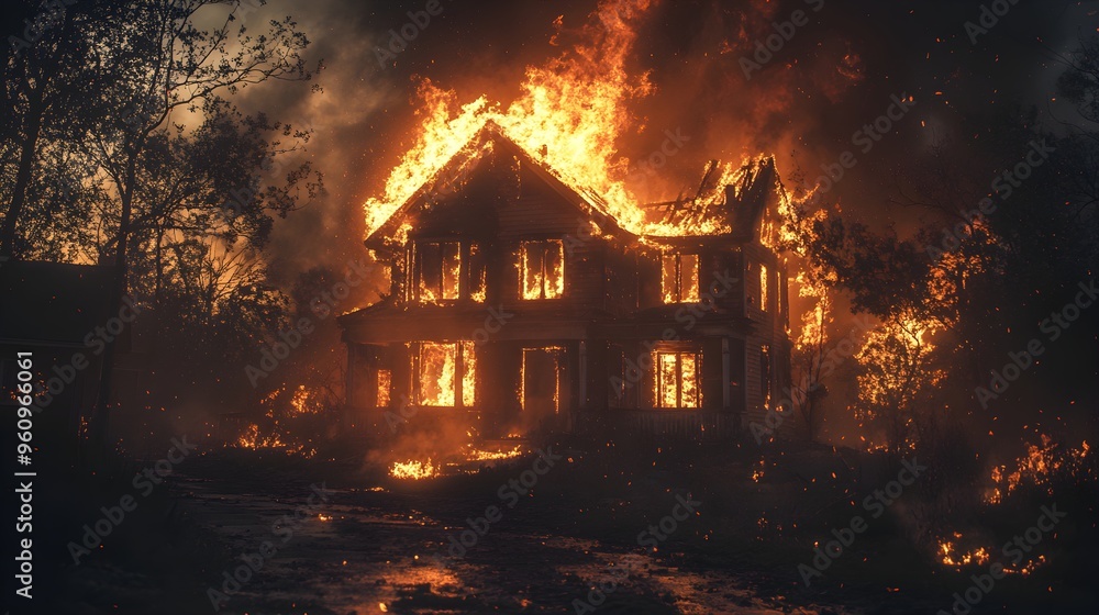 Flames roaring through a house's exterior, nighttime setting, glowing embers drifting upwards, intense heat radiating, fire scene for insurance Flames roaring through a house's exterior, nighttime setting, glowing embers drifting upwards, intense heat radiating, fire scene for insurance