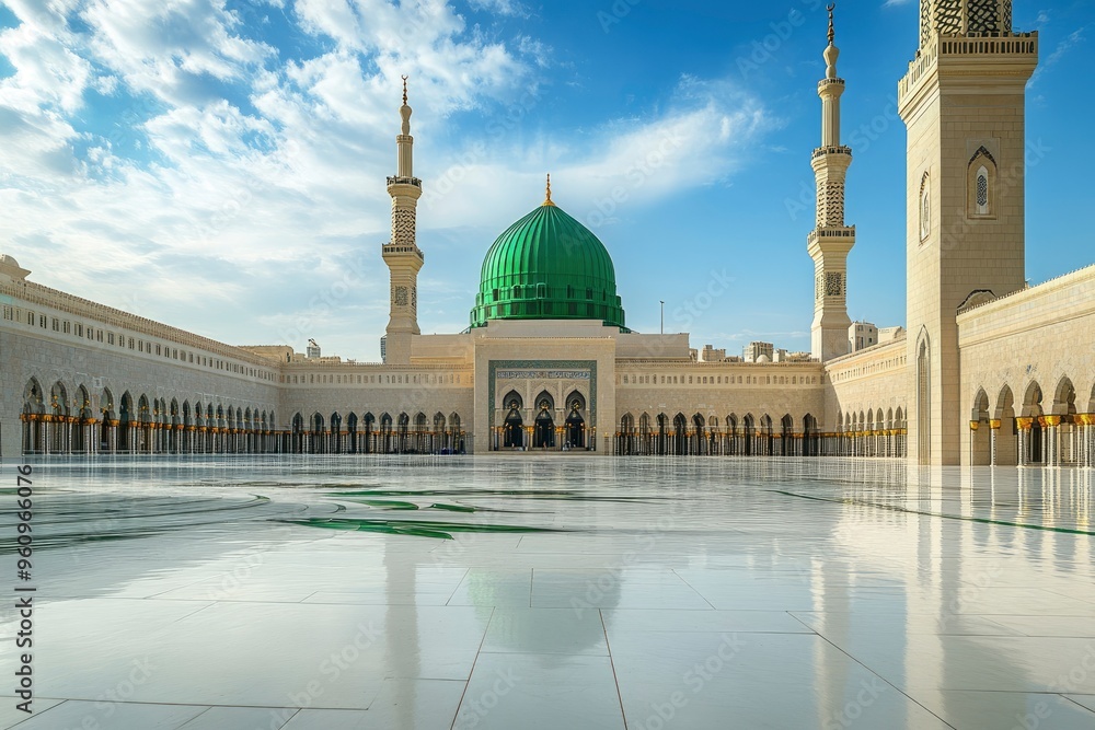 The Green dome of The Prophet's Mosque or Al Masjid Al Nabawi, a major ...