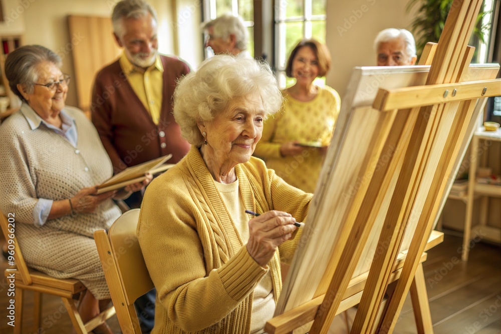 Senior citizens enjoying painting class together Senior citizens enjoying painting class together