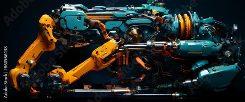 A highly detailed side view of complex robotic machinery, showcasing mechanical precision and industrial design. The intricate parts, vibrant colors, and fine details emphasize the engineering and