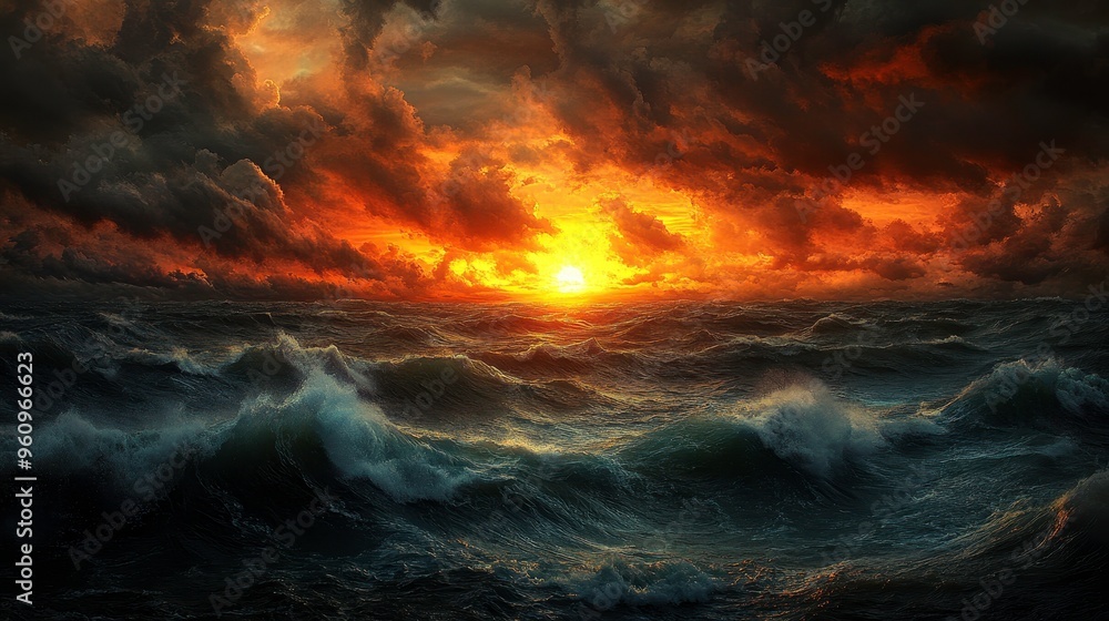 A dramatic sunset over a stormy sea, the sun barely visible behind dark clouds A dramatic sunset over a stormy sea, the sun barely visible behind dark clouds