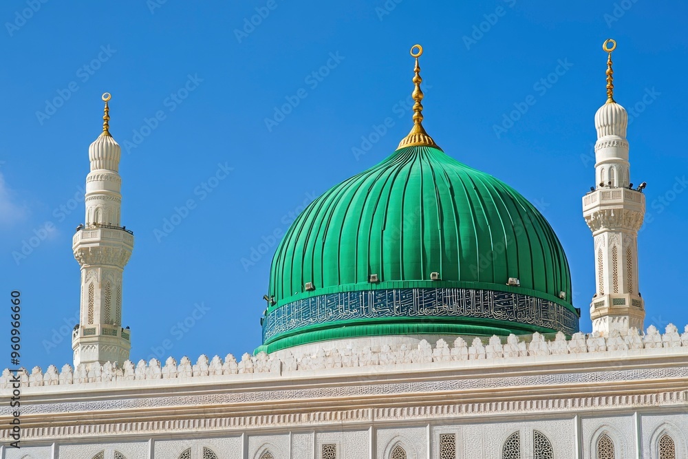 Obraz premium The Green dome of The Prophet's Mosque or Al Masjid Al Nabawi, a major site of pilgrimage that falls under the purview of the Custodian of the Two Holy Mosques , copy space , ai