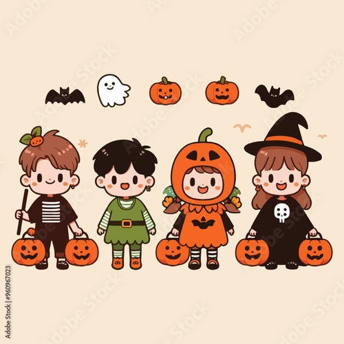 Happy halloween Cute kids boy girl witch costume, spooky pumpkin. Holidays cartoon character.