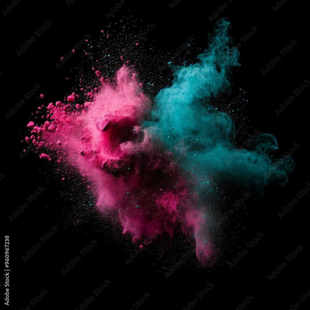 Fototapeta premium Pink and Blue Powder Explosion on Black Background.