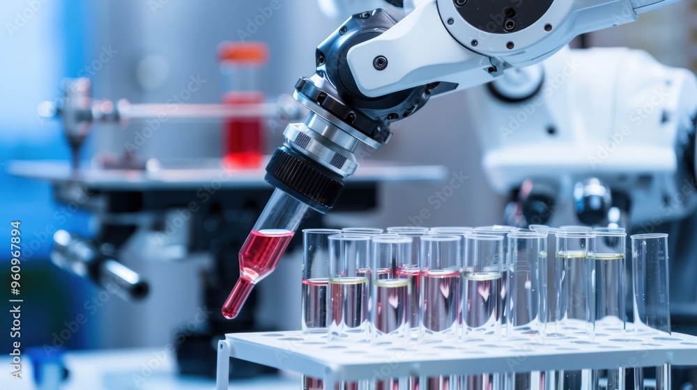 Robotic Arm Dispensing Liquid into Test Tubes Robotic Arm Dispensing Liquid into Test Tubes