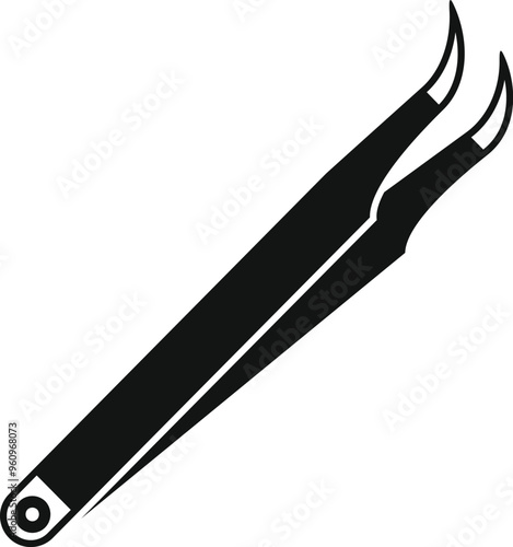 Black metal tweezers for eyebrow correction lying diagonally, isolated object on white background