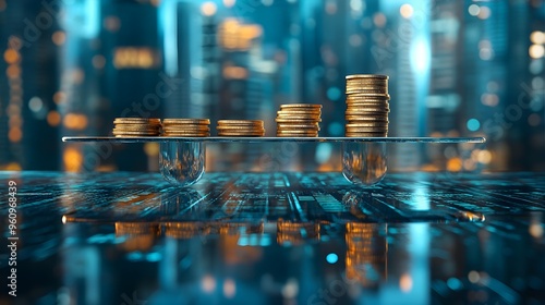 Futuristic balance scale made of glass and metal, with coins floating on one side, perfectly balanced by a translucent weight on the other, with a cityscape in the background