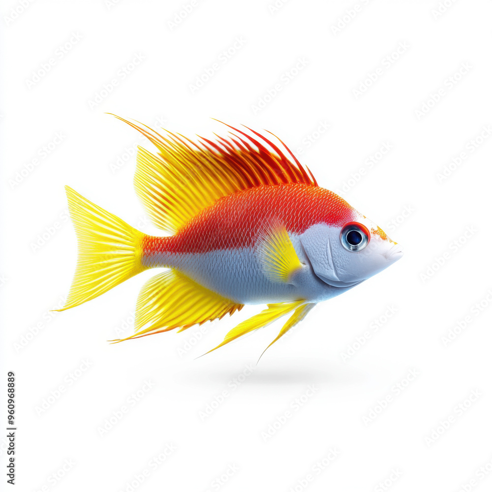 Fototapeta premium A vibrant, colorful tropical fish with striking yellow, red, and blue hues isolated on a white background, showcasing its vivid details.