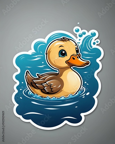 Cute cartoon duckling swimming in blue water with white border.