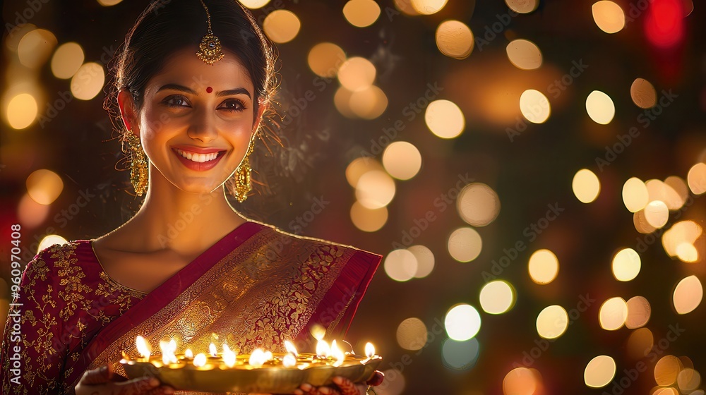 A joyful woman in a traditional outfit holding a plate of lights, celebrating a vibrant festival with a festive ambiance. A joyful woman in a traditional outfit holding a plate of lights, celebrating a vibrant festival with a festive ambiance.