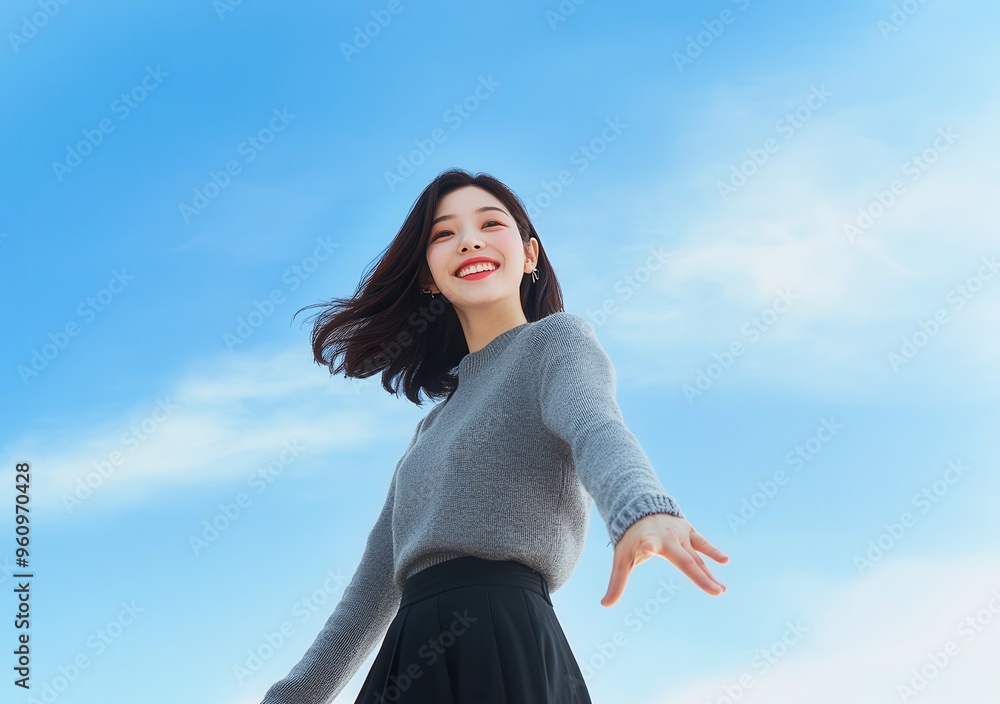 A joyful woman reaching out with a smile against a bright blue sky, embodying happiness and freedom in a serene moment. A joyful woman reaching out with a smile against a bright blue sky, embodying happiness and freedom in a serene moment.