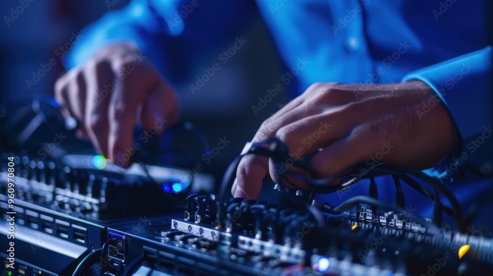 Close-up of Hands Operating Audio Mixer Close-up of Hands Operating Audio Mixer
