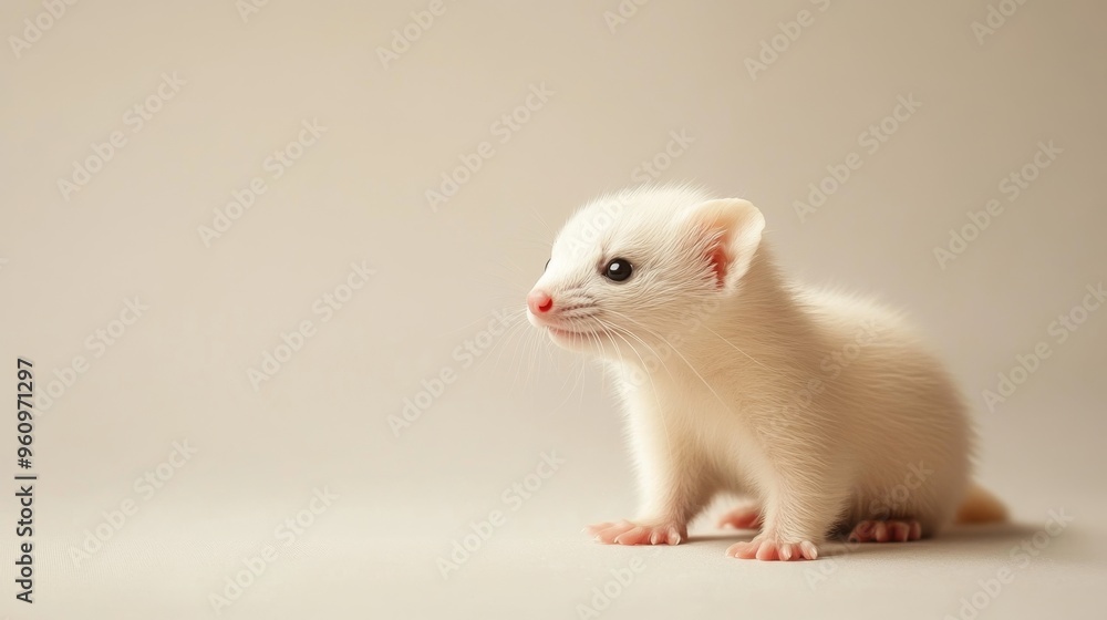 Playful Baby Ferret on Light Beige Background with Gentle Shadows, Isolated Cutie in Action Playful Baby Ferret on Light Beige Background with Gentle Shadows, Isolated Cutie in Action