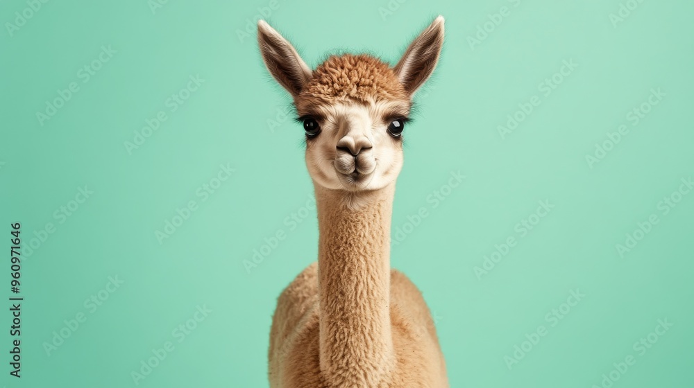 Obraz premium Adorable Baby Alpaca Standing on Isolated Pastel Green Background with Soft Shadows