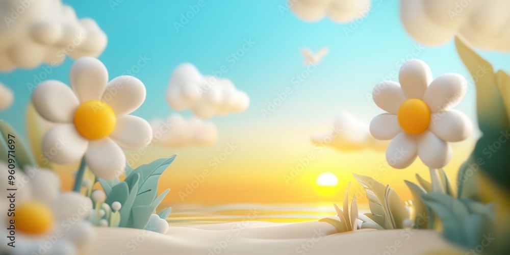 A serene scene of daisies under a colorful sky, evoking tranquility and beauty at sunset by the ocean. A serene scene of daisies under a colorful sky, evoking tranquility and beauty at sunset by the ocean.