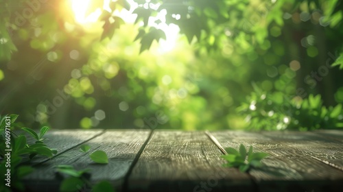 Blur green forest tabletop with sun rays; Fresh, relaxing, and perspective view for product display and design visual layout.