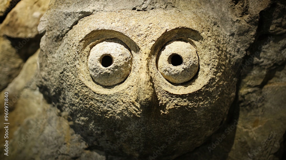 Mysterious Ancient Artifact Featuring Large Eyes, Highlighting Historical and Intriguing Details. Ideal for Illustrations of Archaeological Discoveries and Cultural Artifacts Mysterious Ancient Artifact Featuring Large Eyes, Highlighting Historical and Intriguing Details. Ideal for Illustrations of Archaeological Discoveries and Cultural Artifacts