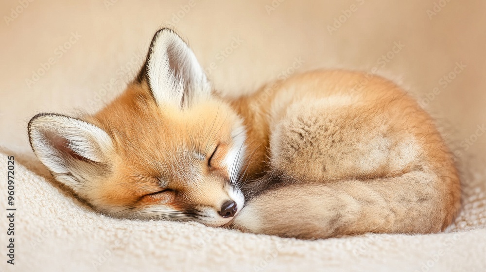 Obraz premium Adorable Baby Fox Curled Up in Soft Lighting on Beige Background - Close-up Shot of Cute Wild Animal