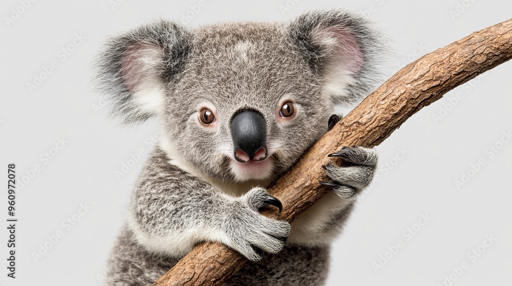 Obraz premium Adorable Baby Koala Clinging to Branch on Light Gray Background with Soft Shadows Isolated in Cute Wildlife Scene